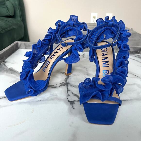 SOLD DO NOT BUY NEW Gianni Bini Franz Blue Suede Chiffon Ruffle Dress Sandals - Picture 4 of 7